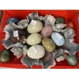 Minerals: Ground and polished eggs, rose crystal, agates, etc. x 12, plus soapstone carved dish.