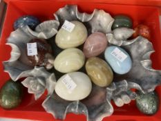 Minerals: Ground and polished eggs, rose crystal, agates, etc. x 12, plus soapstone carved dish.