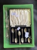 Hallmarked Silver: Six teaspoons, Birmingham, Elkington cased pickled onion fork and pickle fork,