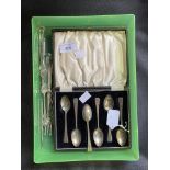 Hallmarked Silver: Six teaspoons, Birmingham, Elkington cased pickled onion fork and pickle fork,
