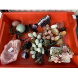 Oriental Carved Minerals: Rock crystal, jadeite, quartz, amethyst, bunches of grapes x 2, plum,