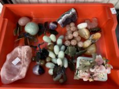 Oriental Carved Minerals: Rock crystal, jadeite, quartz, amethyst, bunches of grapes x 2, plum,