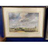 Geoffrey Clarke watercolour, landscape with church. 18ins. x 12ins.