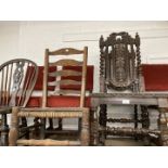 19th cent. Oak Carolean style carved chairs, wicker seats open back, barley twist supports and legs,