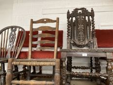 19th cent. Oak Carolean style carved chairs, wicker seats open back, barley twist supports and legs,