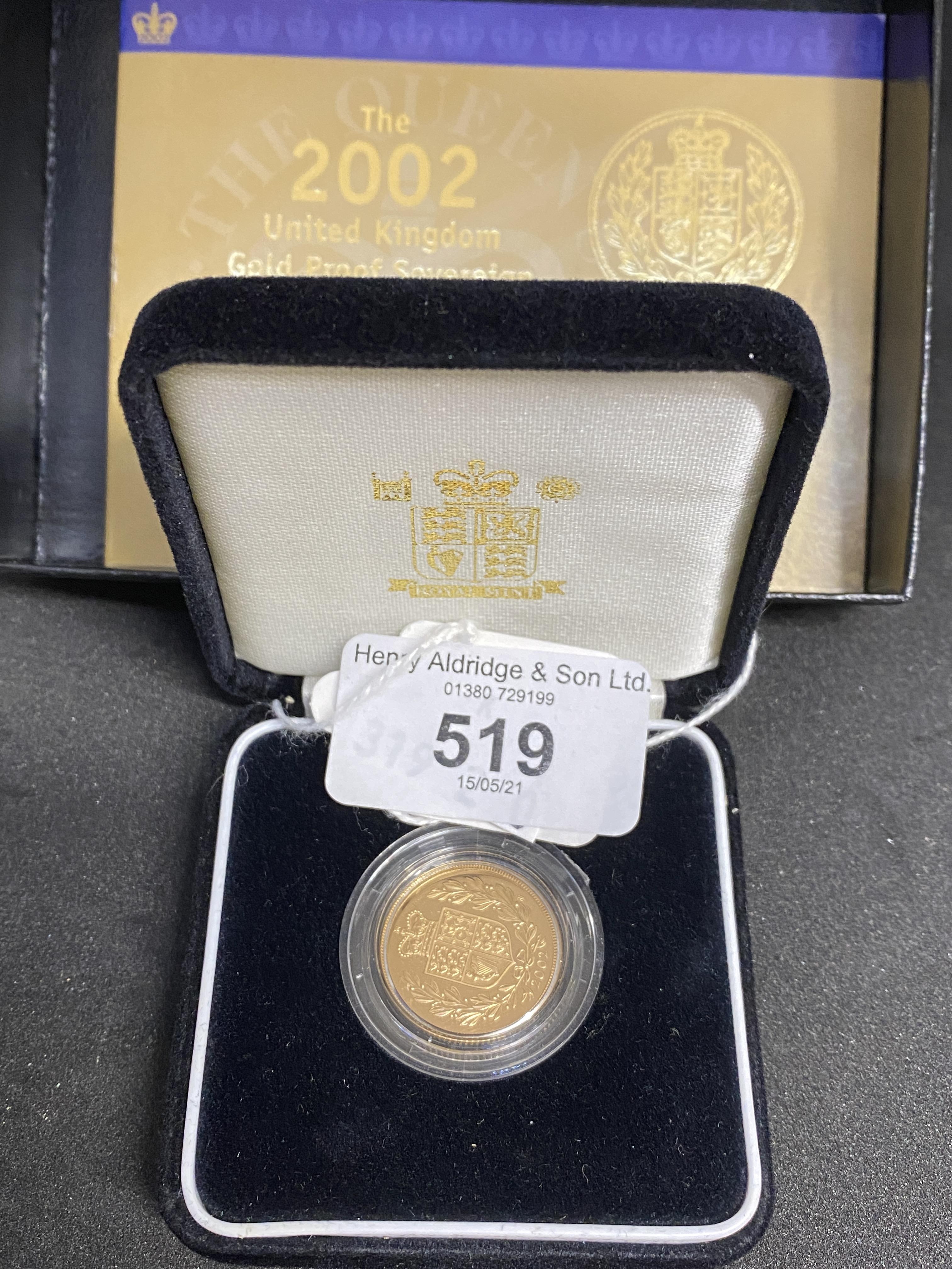 Numismatics: Gold coin Elizabeth II Proof Sovereign 2002. Boxed.