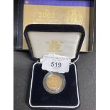 Numismatics: Gold coin Elizabeth II Proof Sovereign 2002. Boxed.