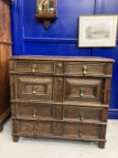 18th cent. English oak geometric chest of four drawers. Four moulded drawers with brass pear drop