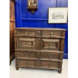 18th cent. English oak geometric chest of four drawers. Four moulded drawers with brass pear drop