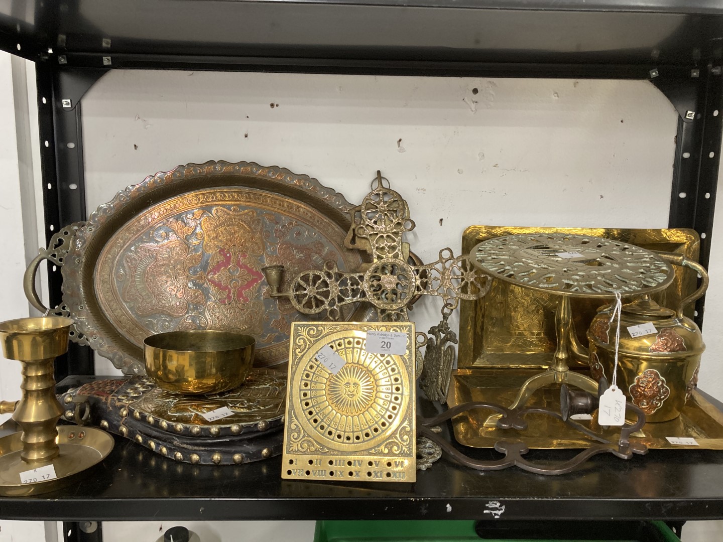 20th cent. Brass & Copper Ware: Includes trivet stand, Islamic tray, two hammered trays, bellows,
