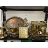 20th cent. Brass & Copper Ware: Includes trivet stand, Islamic tray, two hammered trays, bellows,