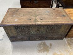 Campaign Furniture: Period Zanzibar chest with lift up top above three drawers, decorated with brass