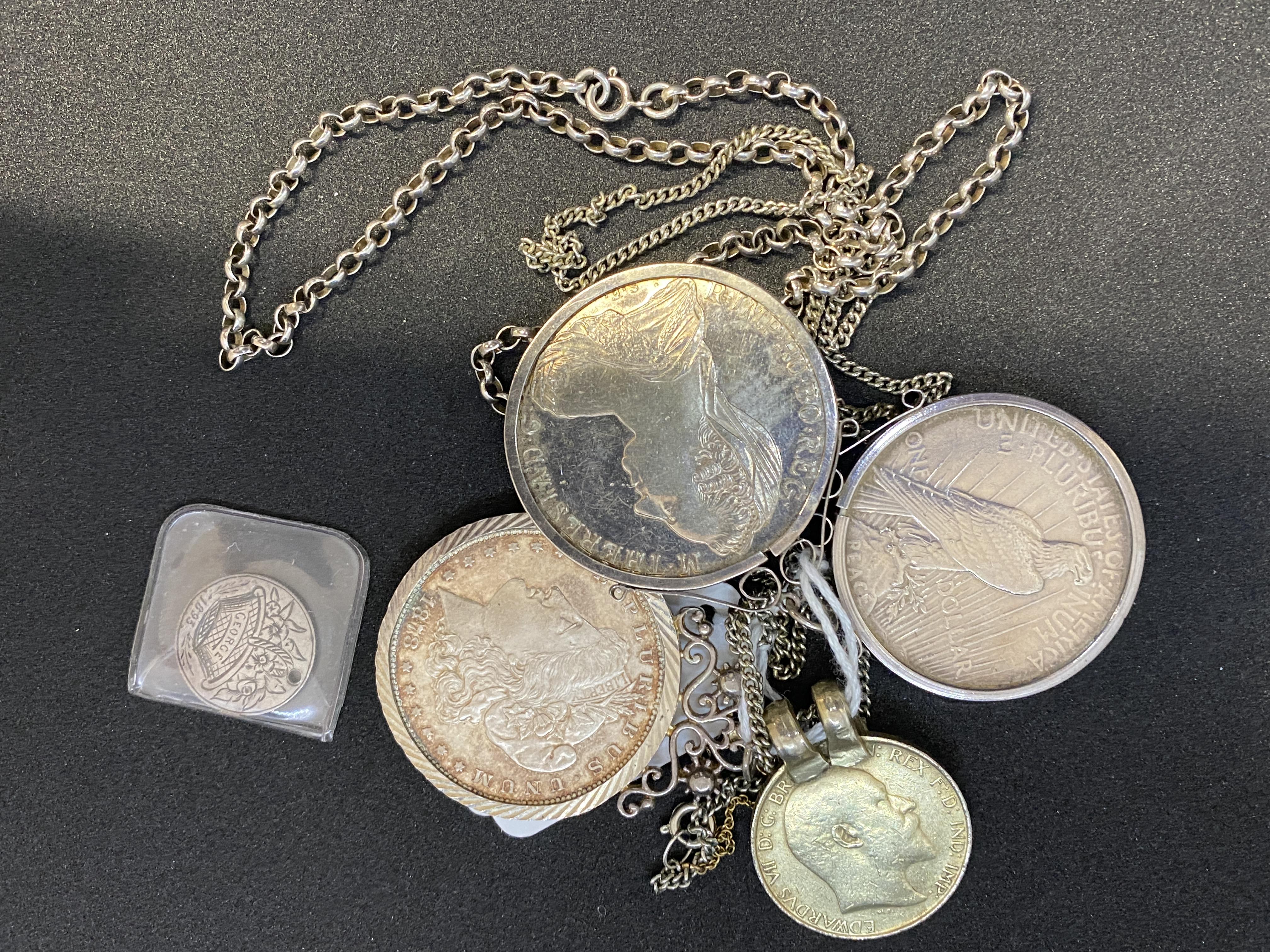 Silver Coins: Silver USA Dollars 1922, 1878, 780 Maria Tequila coin and chain, plus two other