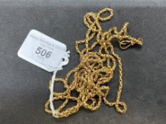 Victorian yellow metal belcher link long guard chain with swivel fastener, stamped 9ct. Length