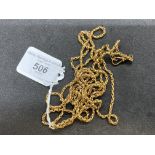 Victorian yellow metal belcher link long guard chain with swivel fastener, stamped 9ct. Length