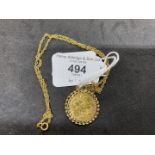 Gold Jewellery: Victoria Jubilee Head 1890 mounted Sovereign, 9ct (tested) chain 22ins. Total weight