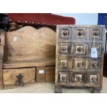 20th cent. Rustic pitch pine wall mounted cupboard with shelf and two drawers. 16ins. x 13½ins. x
