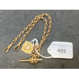 Hallmarked Jewellery: 9ct gold knot link watch Albert with T bar and medal attached with swivel