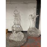 19th cent. Glass: Claret jug with rivet repair, ring neck decanter, cut glass dressing table bottles