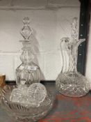 19th cent. Glass: Claret jug with rivet repair, ring neck decanter, cut glass dressing table bottles