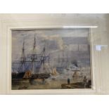19th cent. English School: Watercolour Royal Naval Warships in Portsmouth Harbour. 9½ins. x 7½ins.