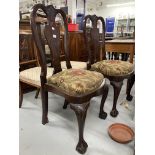 18th cent. Rosewood dining chairs, upholstered needlework seats, acanthus carved splat backs on ball