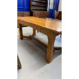 20th cent. Arts style oak refectory table square block and peg construction and hay fork stretchers,