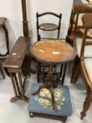 20th cent. Mahogany torchère, oak what-not, Sutherland table, and miscellaneous other small items of