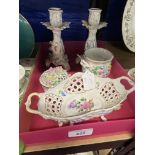 20th cent. Dresden Rococo design some with bocage, a pierced oval two handle dish, lidded pot pourri