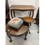 20th cent. Mahogany two tier side table, 32ins. x 19ins. x 37ins. Oak footstool, circular table on