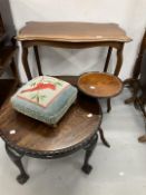 20th cent. Mahogany two tier side table, 32ins. x 19ins. x 37ins. Oak footstool, circular table on