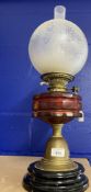 Oil Lamps/Victorian Lighting: Hinks No. 1 triple oil lamp on ceramic base with brass pedestal and