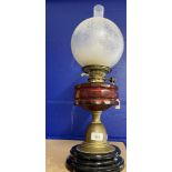 Oil Lamps/Victorian Lighting: Hinks No. 1 triple oil lamp on ceramic base with brass pedestal and