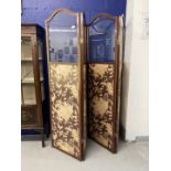 Edwardian mahogany framed partition screen, lower silk panels decorated in the Oriental style with