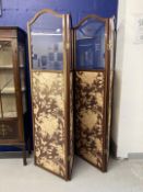 Edwardian mahogany framed partition screen, lower silk panels decorated in the Oriental style with