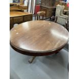 Late 19th cent. Mahogany oval tilt top table on ornate heavy three legged base with castors (locking