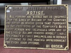 Victorian Great Western Railway cast iron notice warning trespassers. Painted G.W.R brown with cream