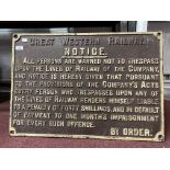 Victorian Great Western Railway cast iron notice warning trespassers. Painted G.W.R brown with cream