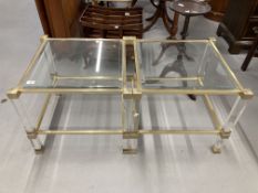 20th cent. Art design tables anodised and perspex supports, glass top and bottom shelves. 2ft. x