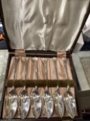 20th cent. Plateware: Set of six fish knives and forks cased, six grapefruit spoons cased, set of