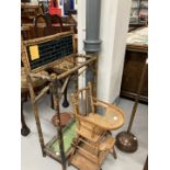 Edwardian bamboo umbrella and walking stick stand, ash dolls metamorphic high chair, and brass and