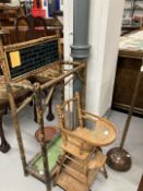 Edwardian bamboo umbrella and walking stick stand, ash dolls metamorphic high chair, and brass and