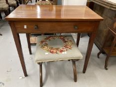 19th cent. Mahogany side table, plus a Regency style cross stretcher footstool. (2)