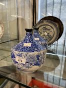 Ceramics: 19th cent. Cantonese blue and white plate A/F, 19th cent. Mallet shaped vases, a pair.