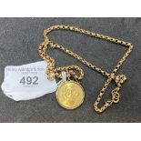 Hallmarked Jewellery; 9ct 19ins belcher link chain with a mount attached having a 1964 Full