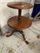 19th cent. Mahogany two tier dumb waiter, both tops chamfered waiter on tripod base with concealed