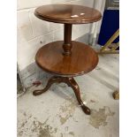 19th cent. Mahogany two tier dumb waiter, both tops chamfered waiter on tripod base with concealed