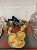 20th cent. Ceramics: Poole dolphin, Hornsea fauna Royal spill vases, a pair, condiment set, salt,