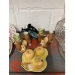 20th cent. Ceramics: Poole dolphin, Hornsea fauna Royal spill vases, a pair, condiment set, salt,