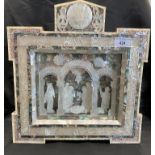 20th cent. Holy Land mother of pearl abalone and olive wood diorama of the Birth of Christ, glazed